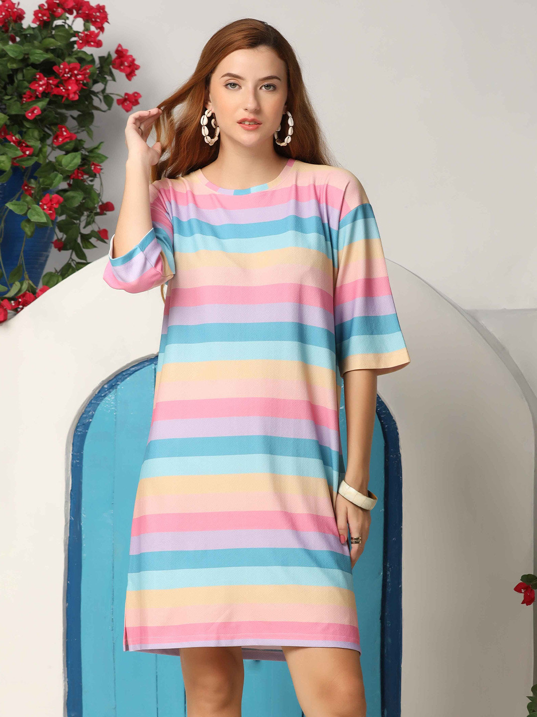 SZN Women A-Line Round Neck Striped Dress