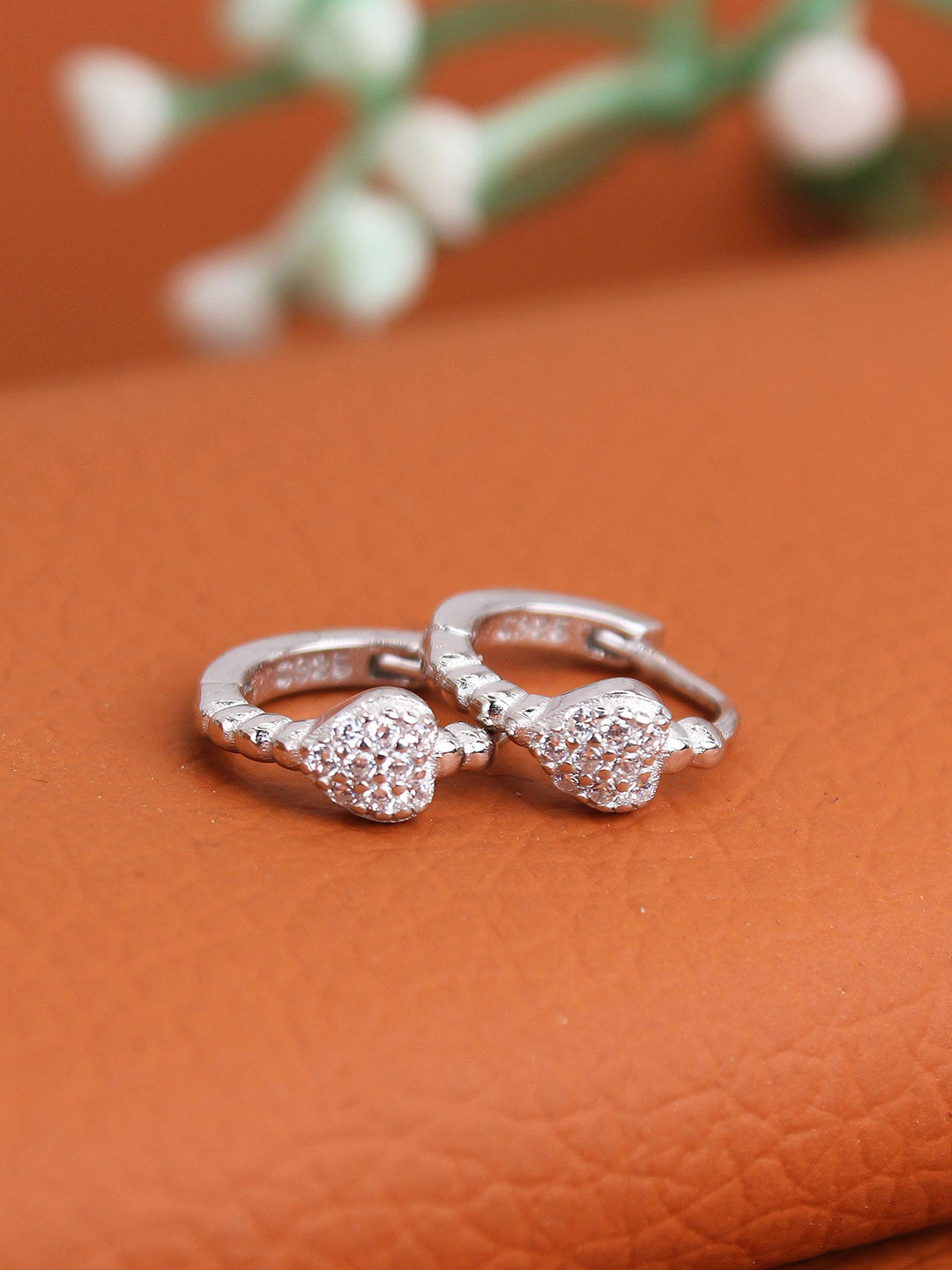 DEVASHREE 925 Silver Rhodium-Plated Zircon Studded Heart Shaped Hoop Earrings
