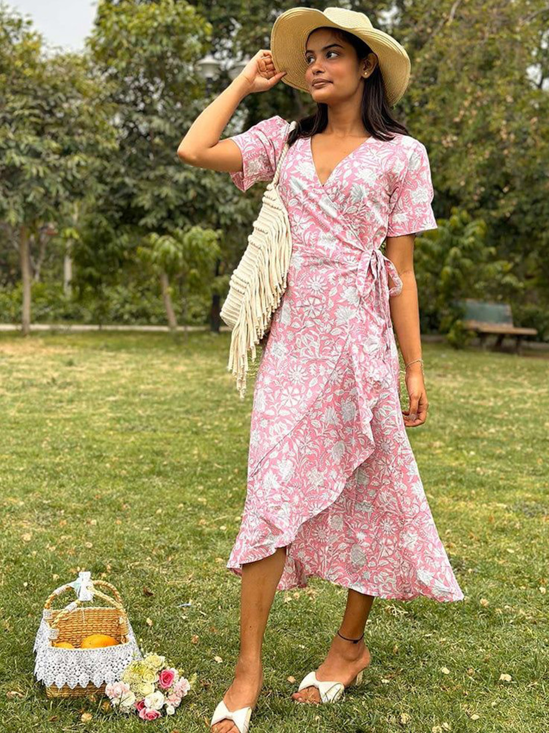 GULABI DORI Floral Printed Cotton Wrap-Around Maxi Dress