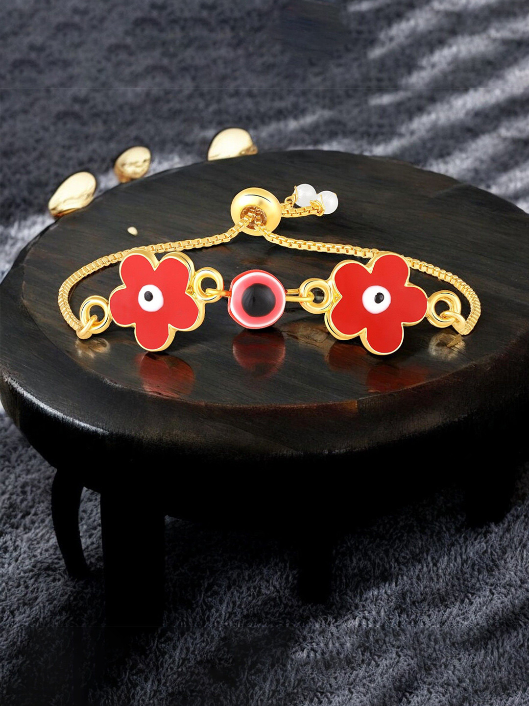 Mahi Meenakari Enamel Dual Floral Red Evil Eye Adjustable Bracelet