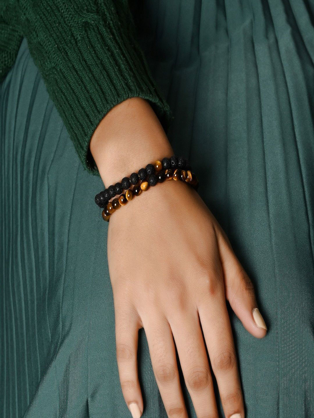 Nirvana Set Of 2 Tiger's Eye Beaded Elasticated Bracelet