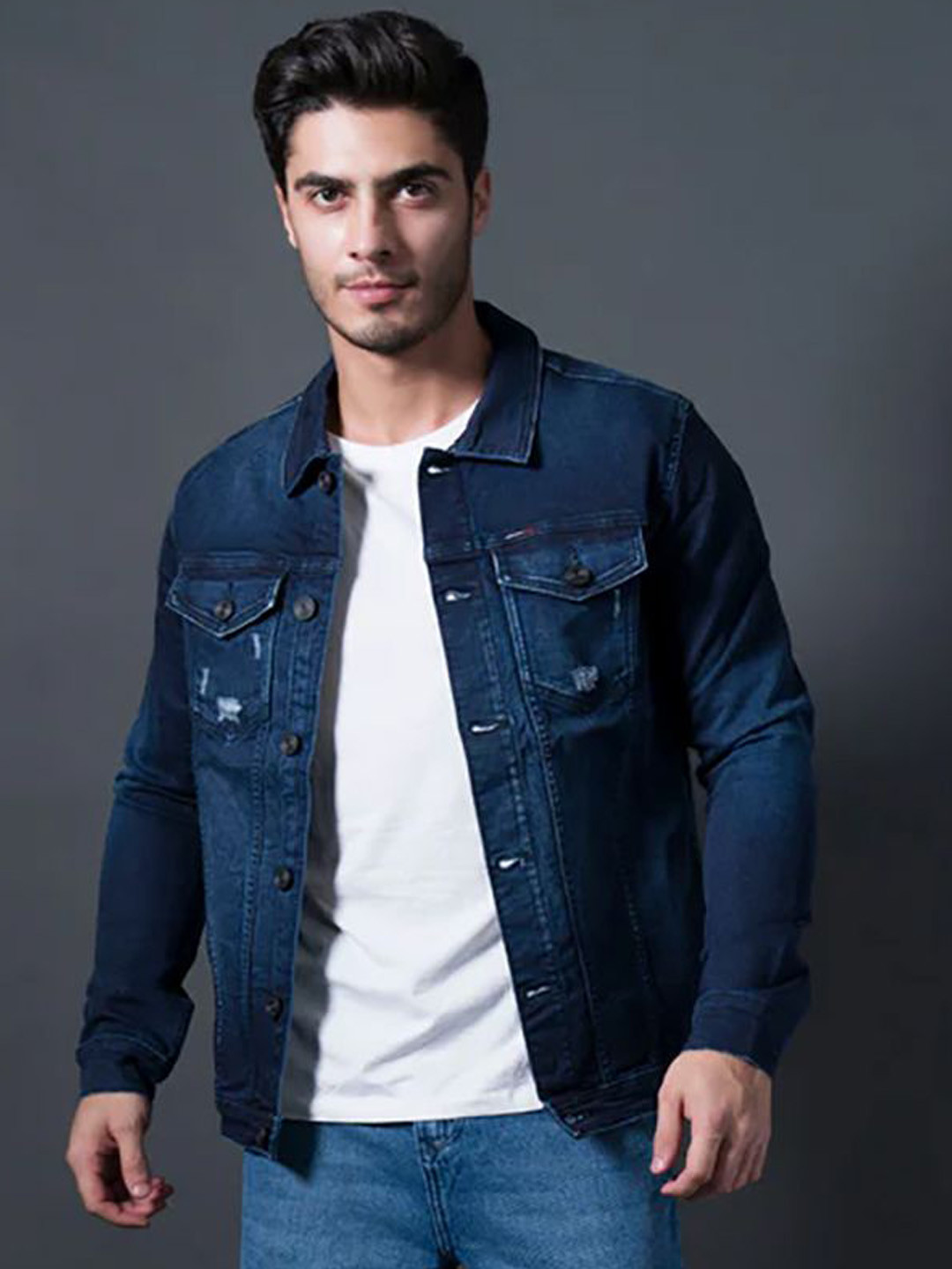 nostrum Men Washed Nylon Reversible Denim Jacket with Embroidered