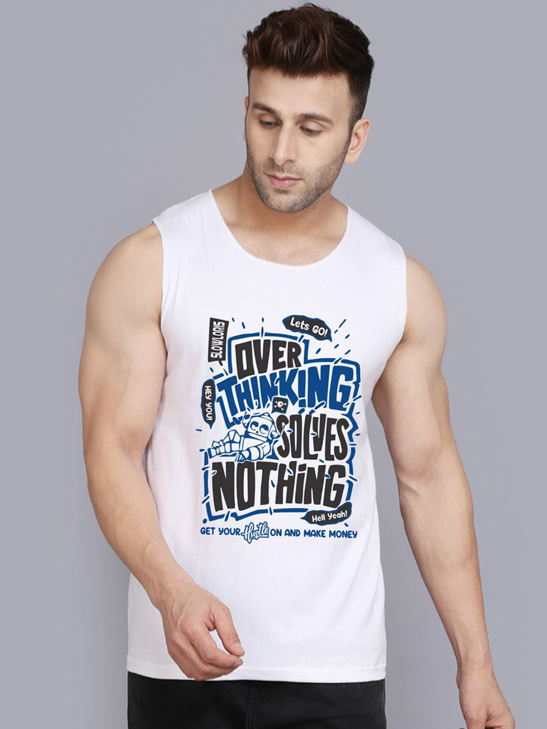 SLOWLORIS Printed Super Combed Cotton Gym Vest VSL26 OVRTNK WHITE