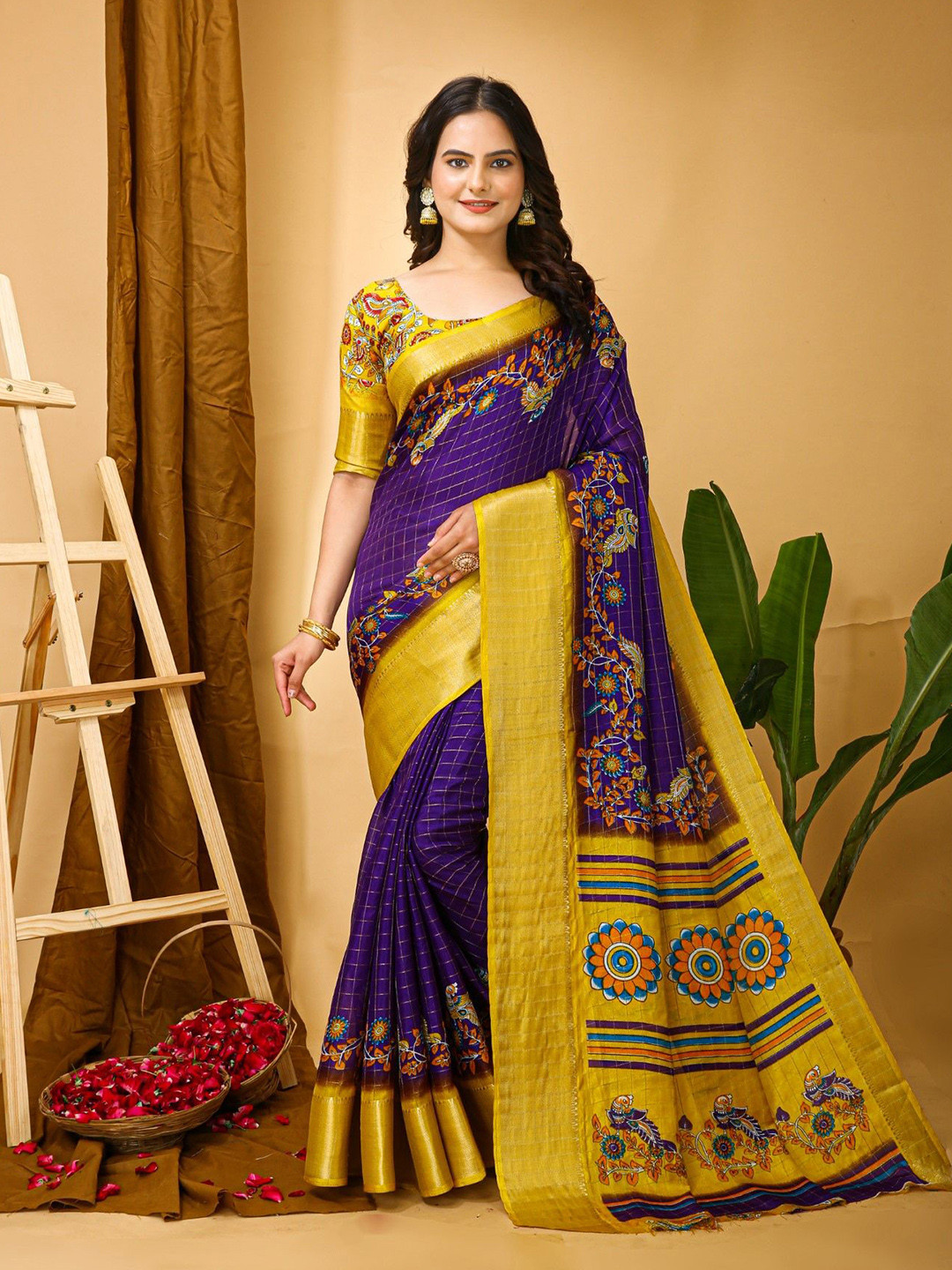 Panzora Checked Zari Saree with Blouse Piece