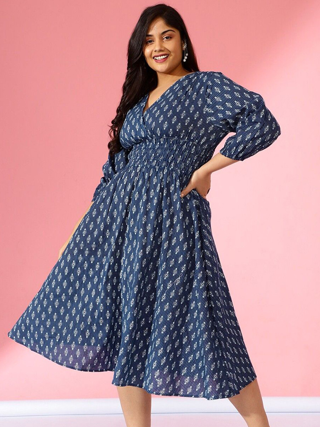 Jash Creation Women Plus Size V-Neck Fit & Flare Midi Dress