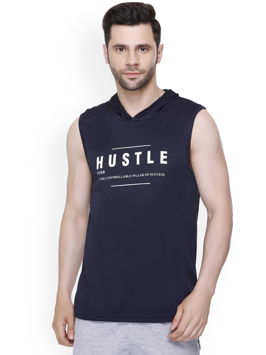 Colors and Blends Sleeveless Printed Hooded Innerwear Vests GVA-02-Navy-M