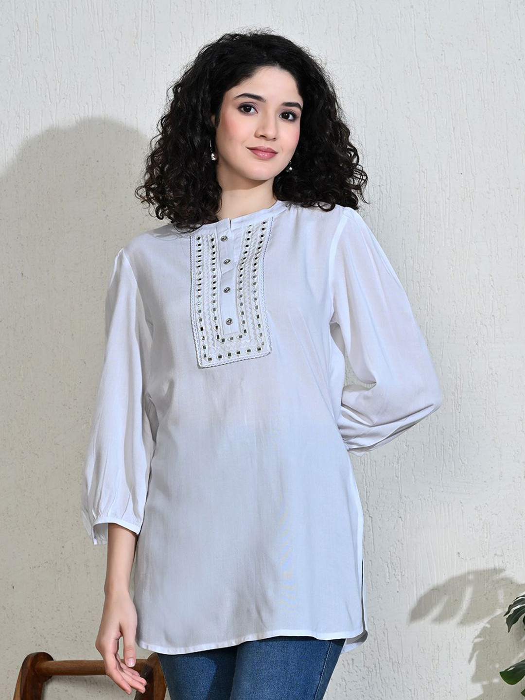 MEESAN Viscose Rayon Mandarin Collar Embroidered Tunic
