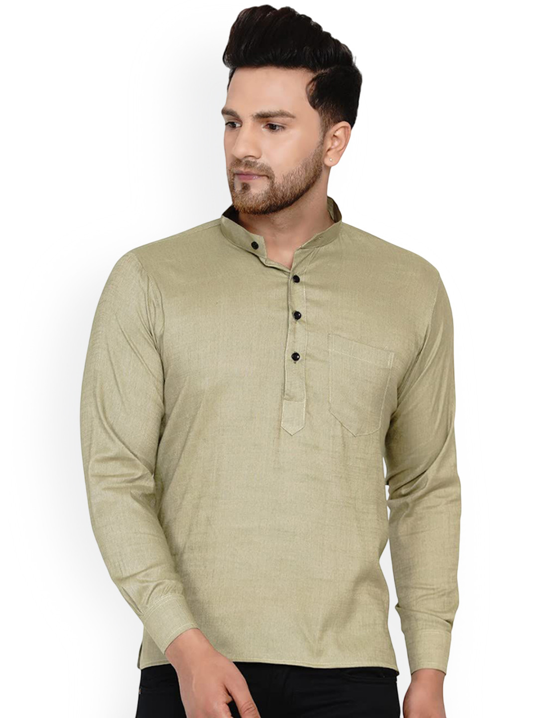 VEERA PARIDHAAN Band Collar Long Roll-Up Sleeves Straight Kurta