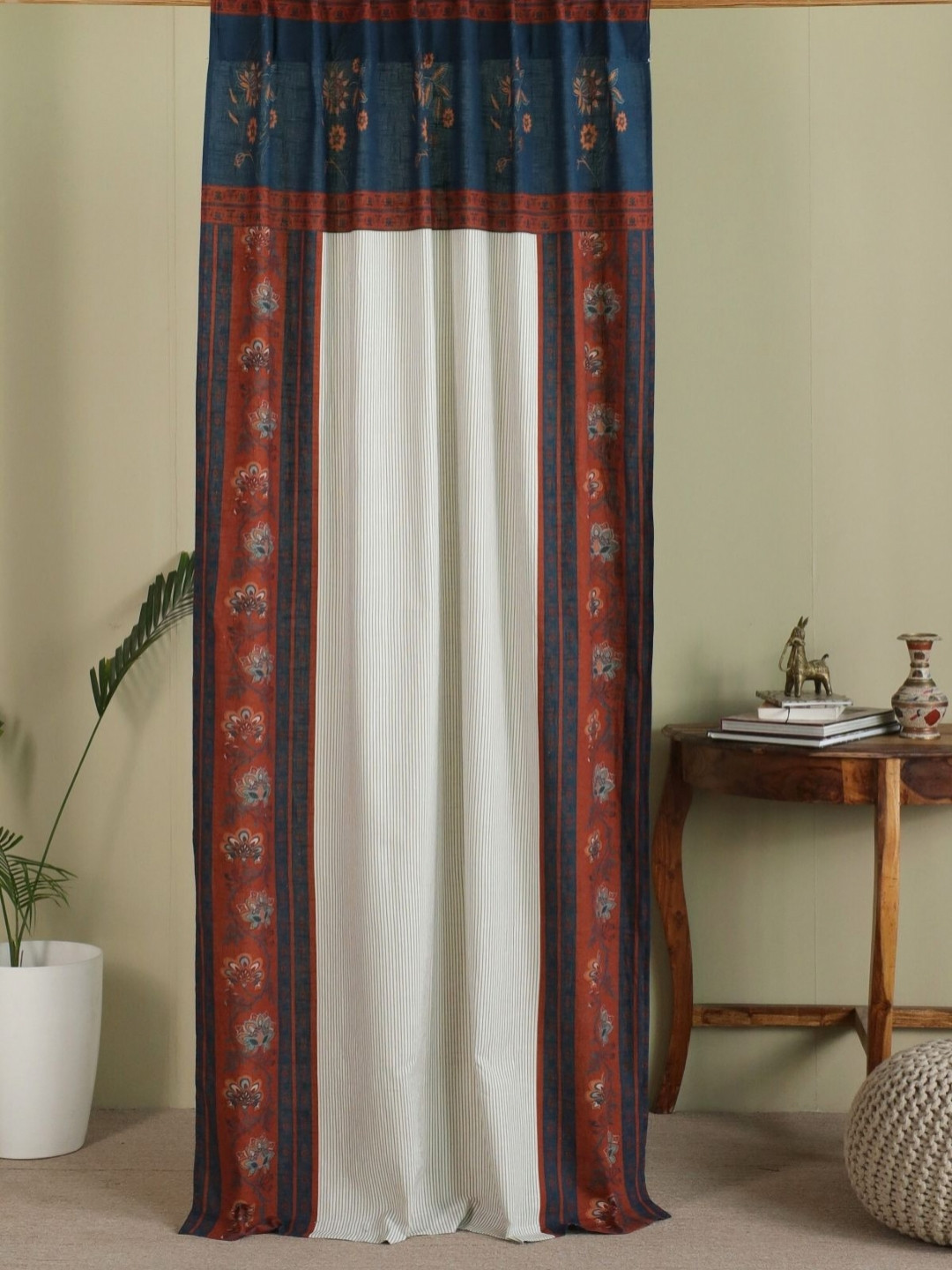 Peepul Tree Cream & Blue Floral Sheer printed Cotton Door Curtain -7ft