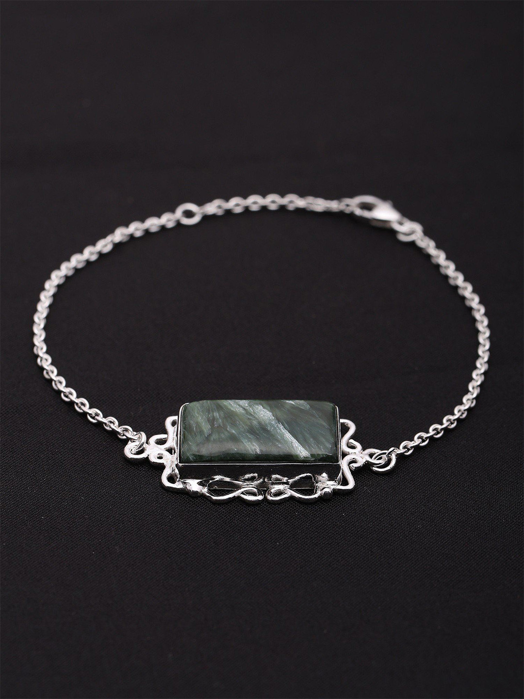 Exotic India Sterling Silver Rectangular Cut Seraphinite Gemstone Bracelet