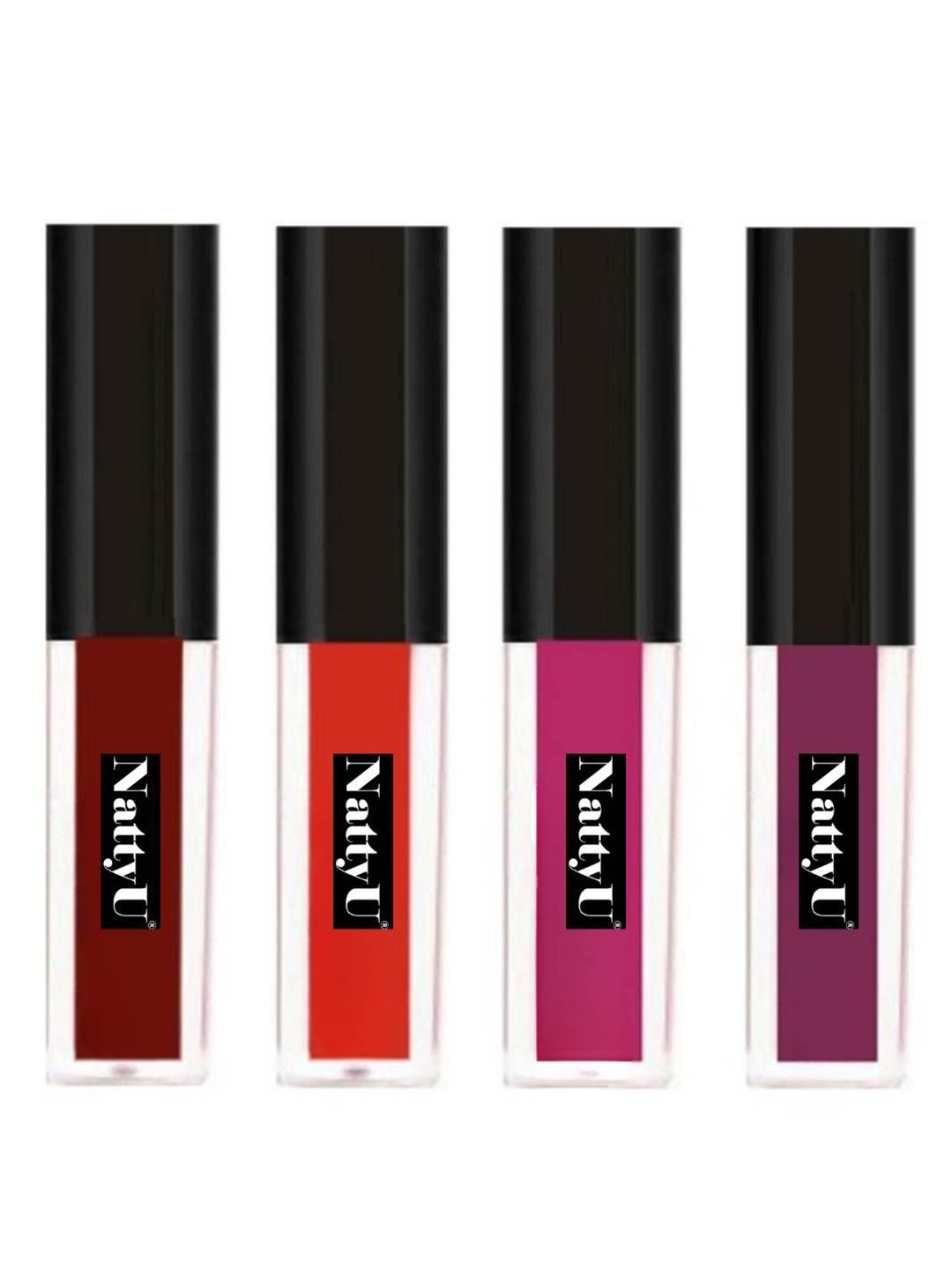 NattyU Set Of 4 Mini Lipstick - 2.5 ml Each Scarlet Kiss-Scarlet Desire-Merlot Charm-Plum
