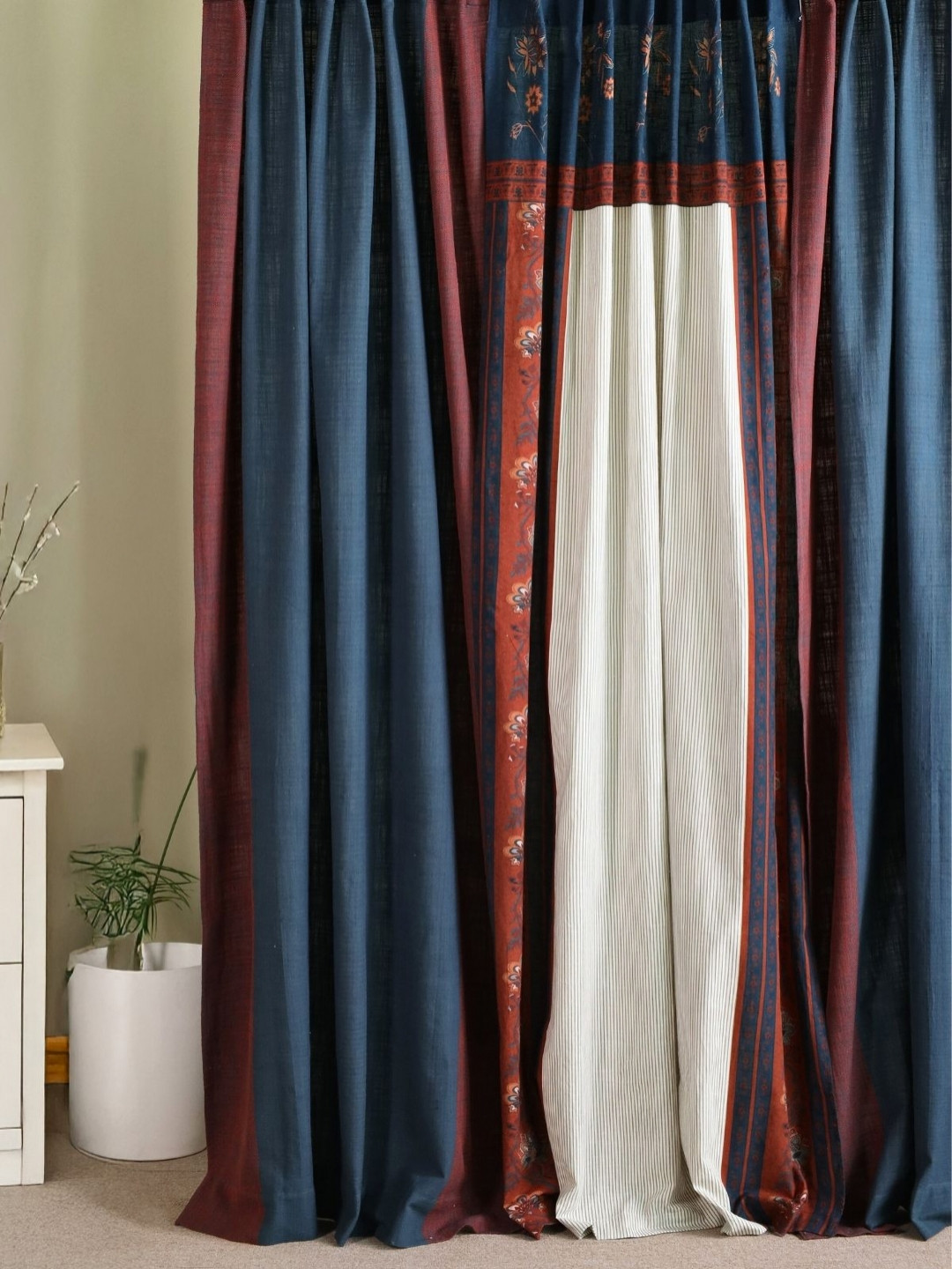 Peepul Tree 3 Pieces Cream & Blue Floral Sheer Cotton Door Curtain