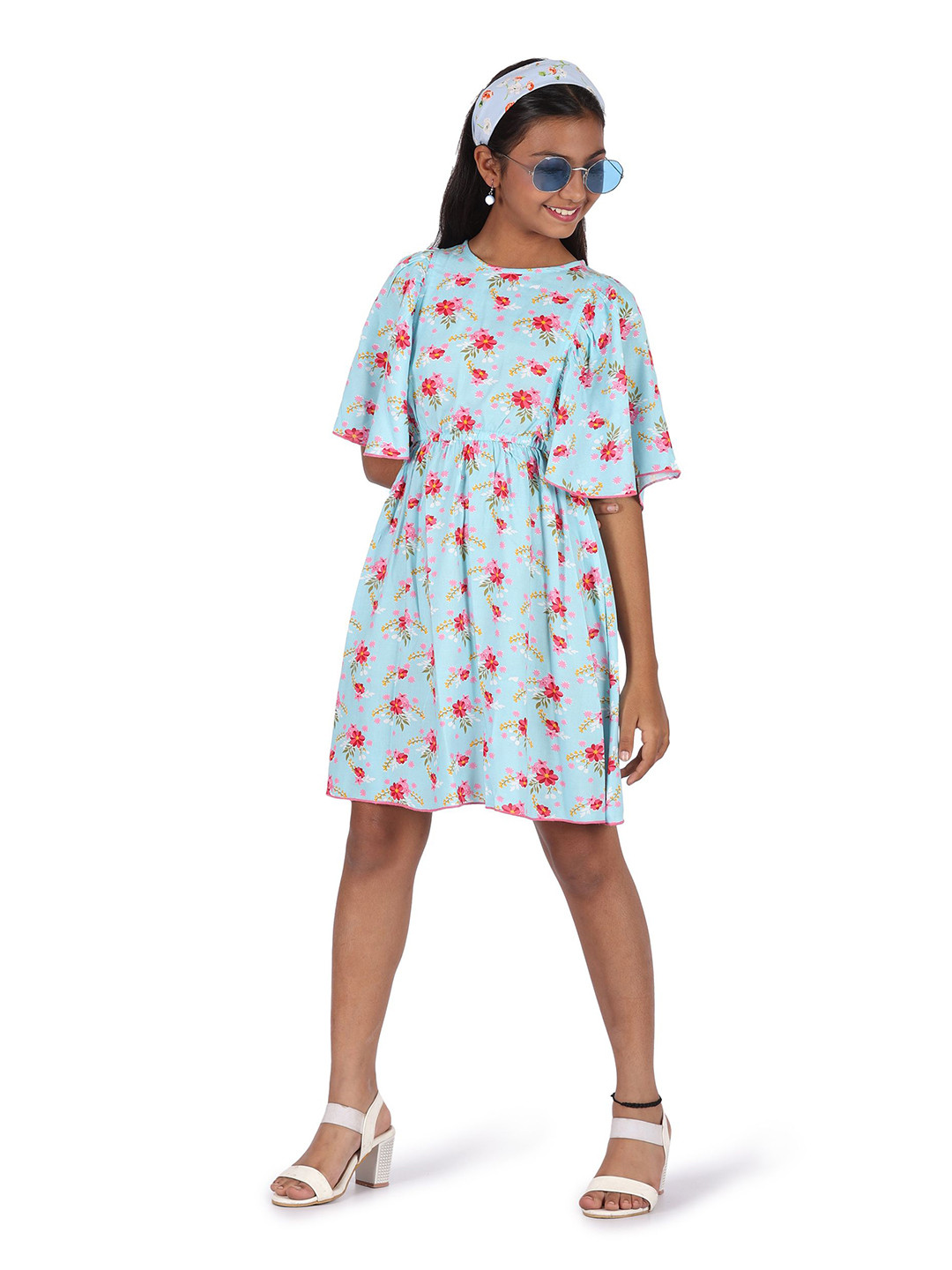 SILK SPARROW Girls Floral Printed Flared Sleeve Fit & Flare Votton Dress