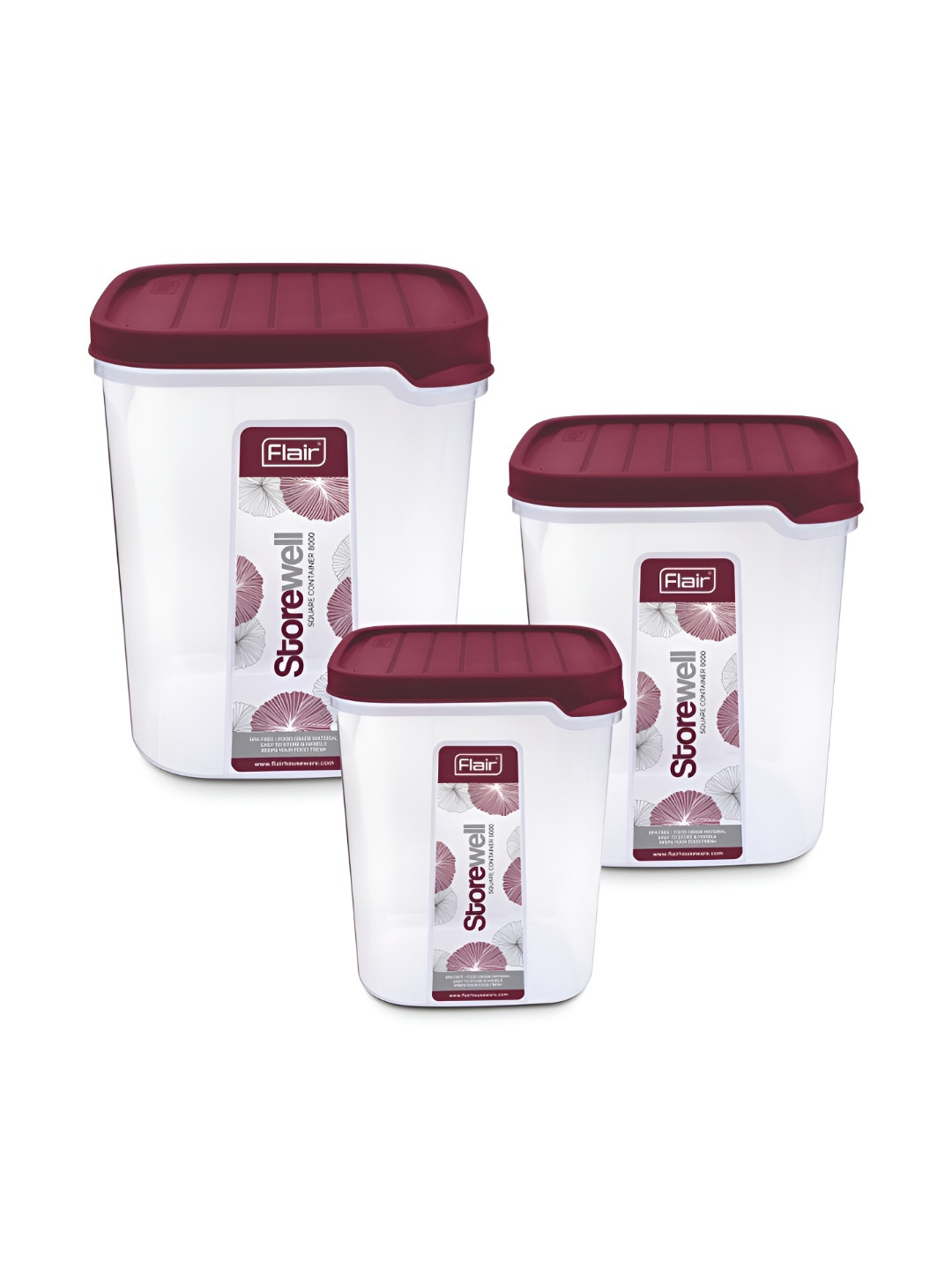 Flair Storewell Maroon & Transparent 3 Pieces Canister Containers- 6L,8L&12L