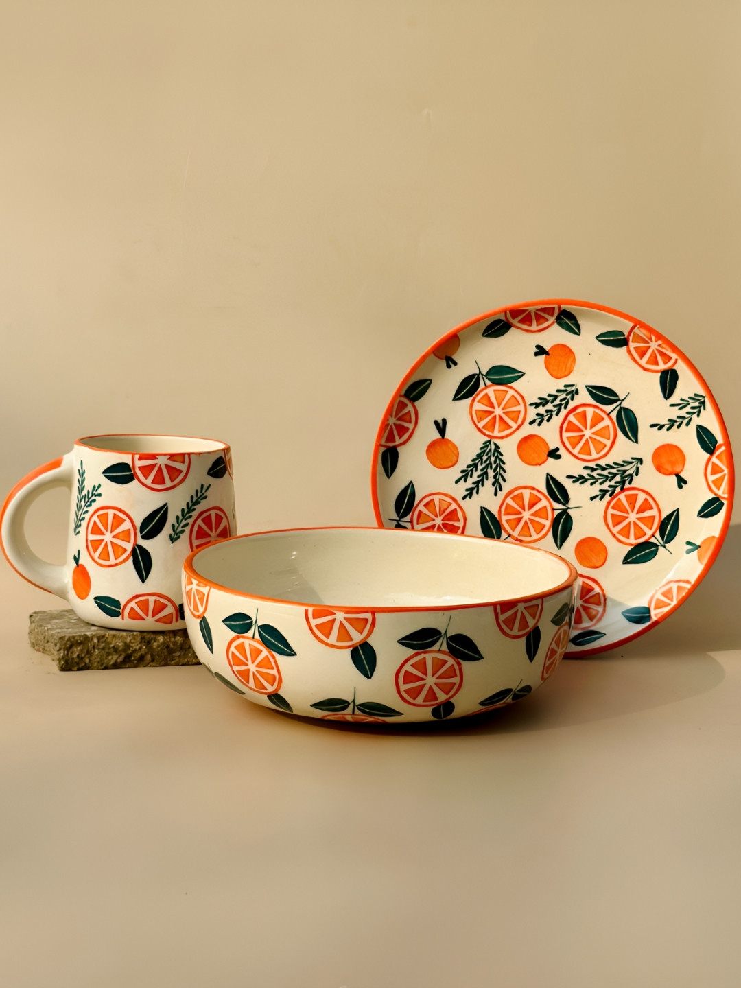 NURTURE INDIA Narangi Orange-Colored 3 Pieces Ceramic Glossy Dinner Set