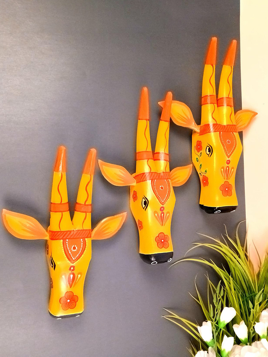 apka mart  Yellow & Red 3 Pieces Printed Nandi Bull Cow Head Wooden Wall Hangings