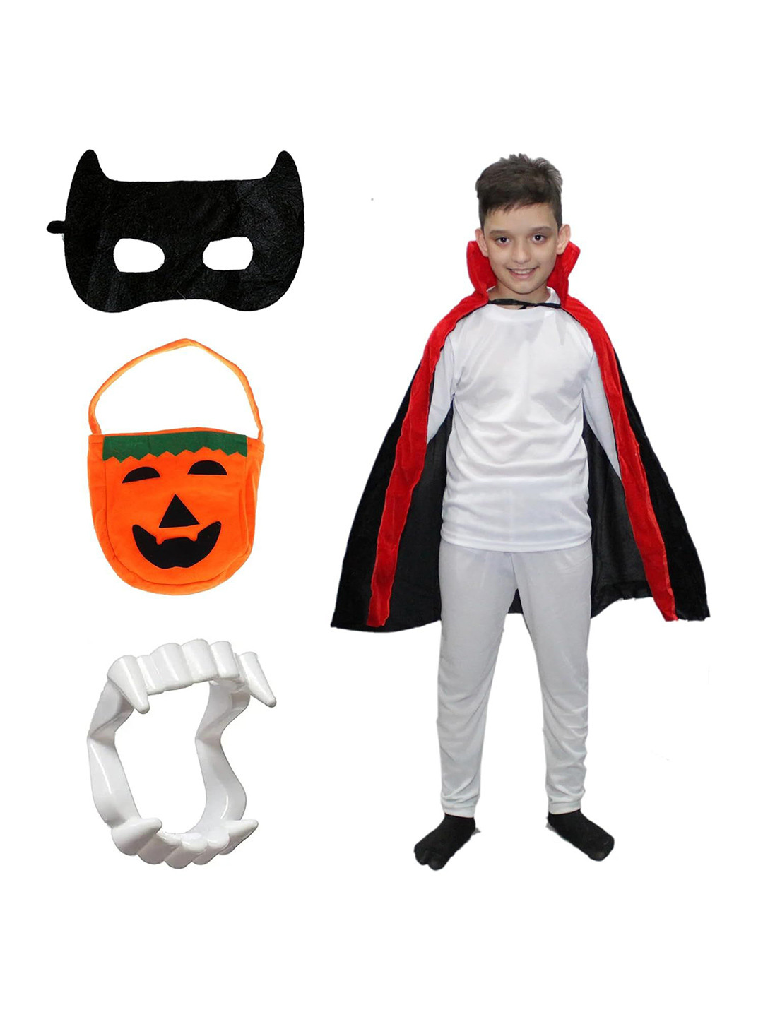 Kaku Fancy dresses Kids Halloween Dracula Robe With Teeth Eyepatch, Pumkin & Candy Basket