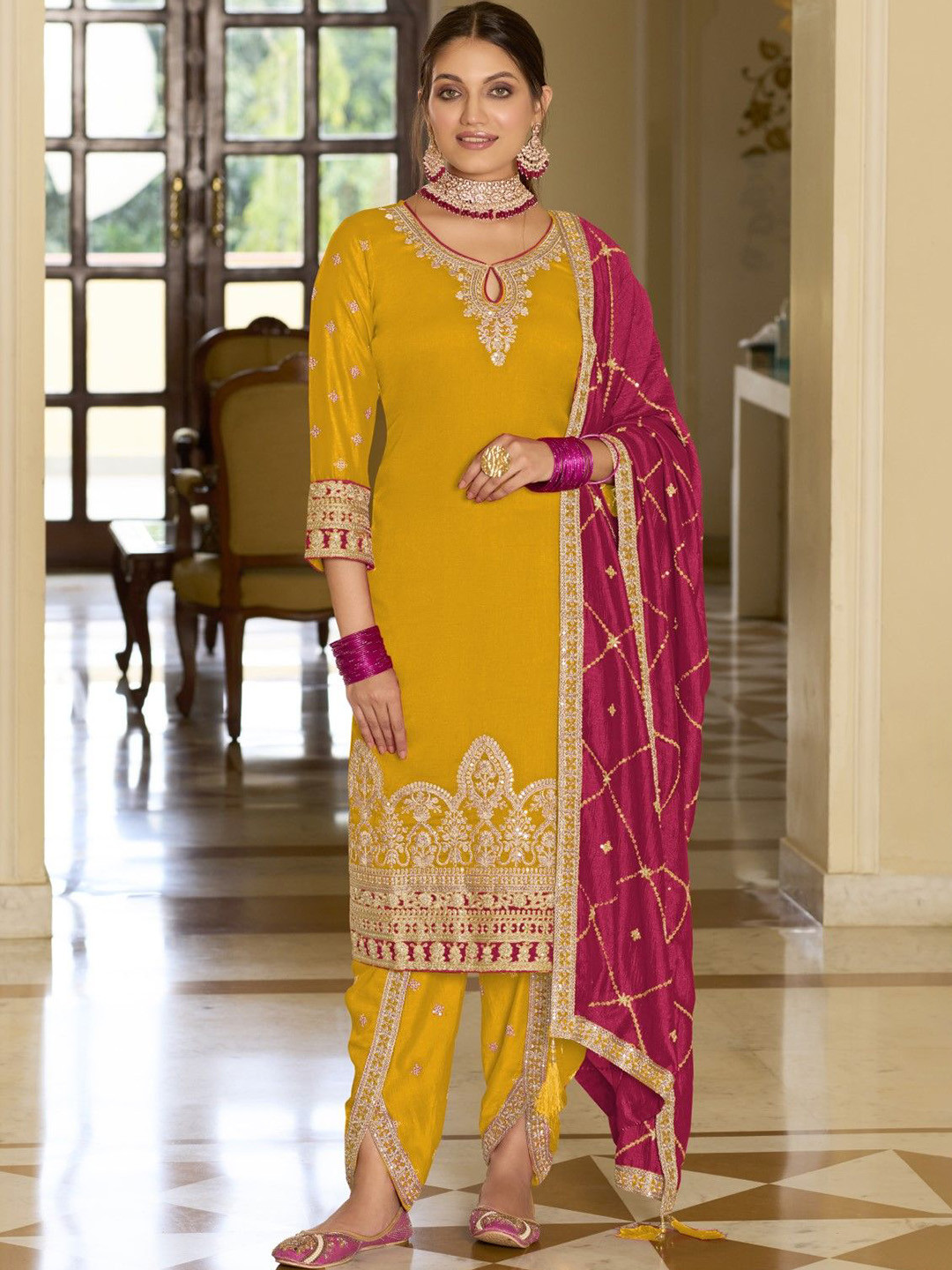 AUTUMN LANE Floral Embroidered Thread Work Straight Kurta with Dhoti Pants & Dupatta