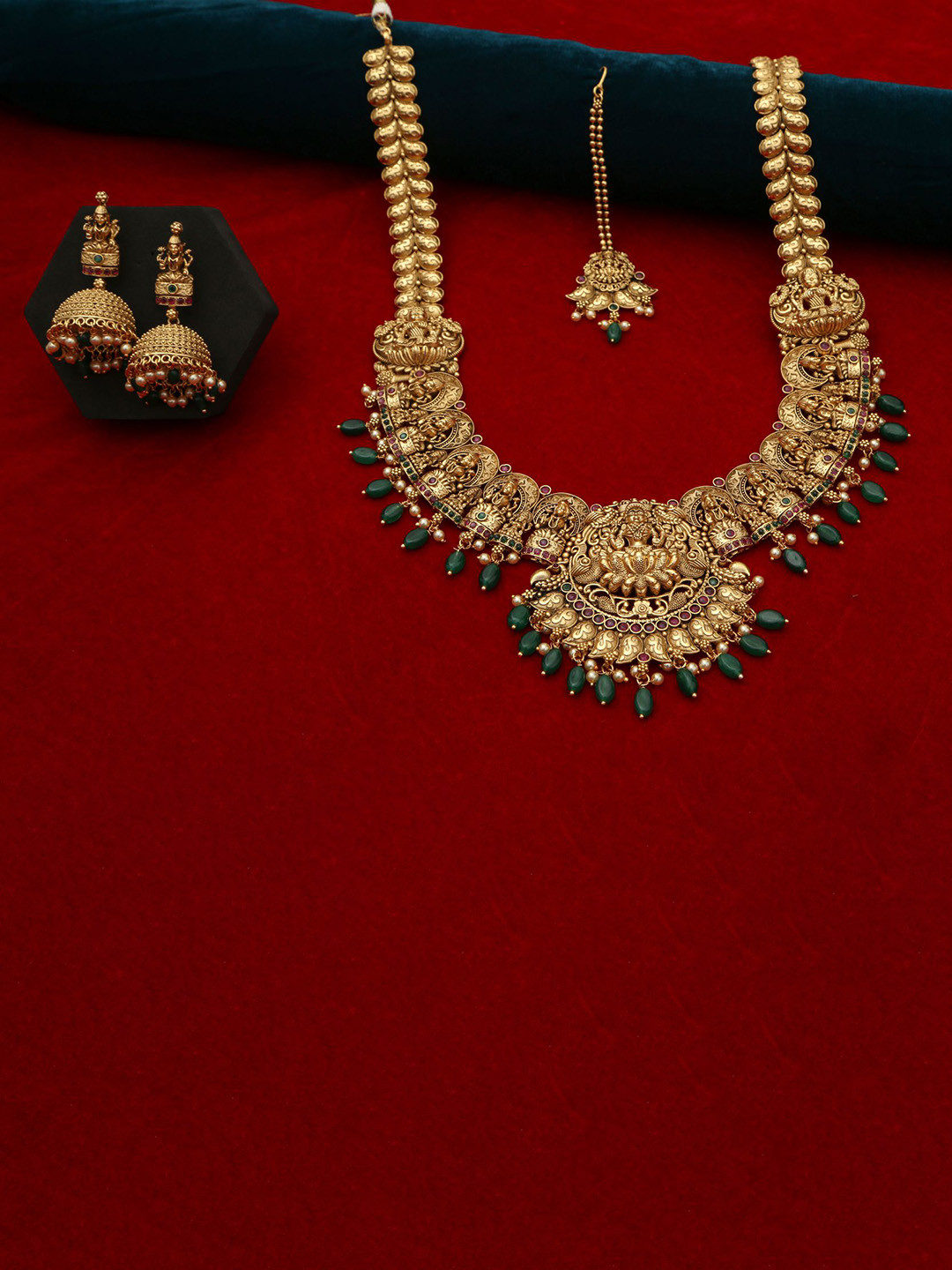 Chaandi Rivaaz Gold-Plated Stone-Studded & Beaded Mahalakshmi Antique Jewellery Set