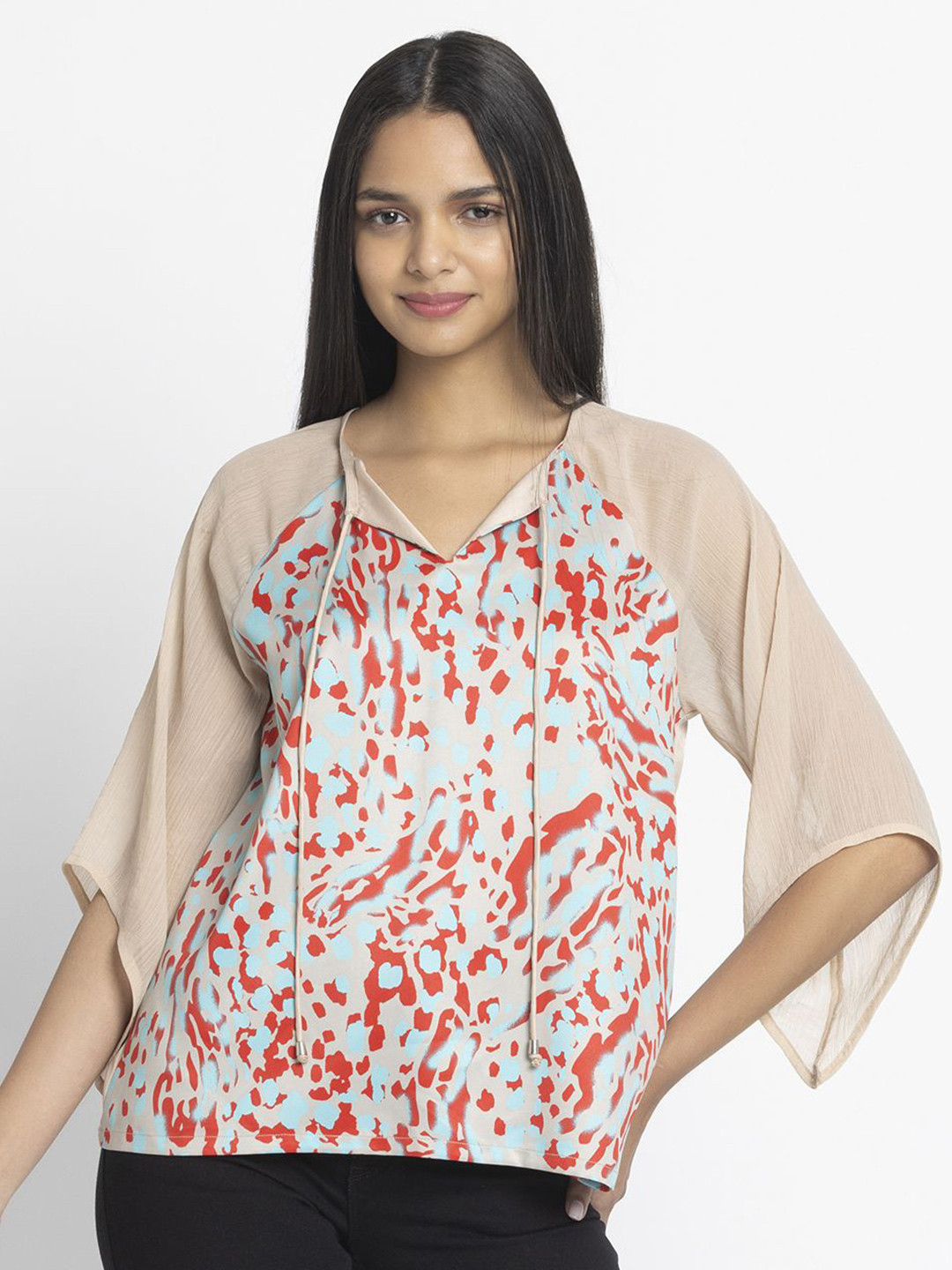 SHAYE Women Beige Round Neck Animal Printed Three-Quarter Sleeves Casual Top