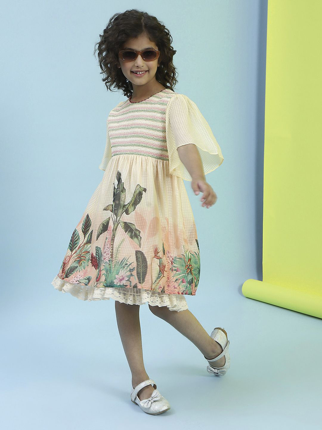 Biba Girl Tropical Print Round Neck Flared Sleeve Fit & Flare Dress