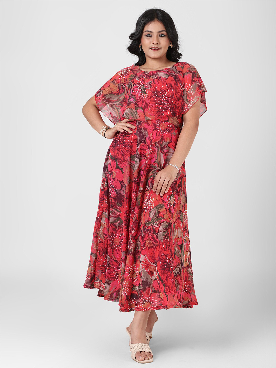 Aarya Designer Girls Floral Printed Round Neck Cape Sleeves Maxi Fit & Flare Dress