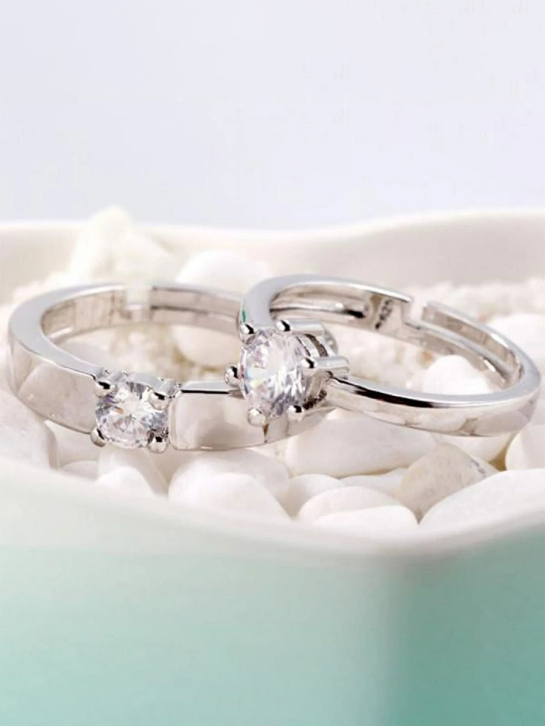 AGARWALPRODUCT Set Of 2 Sterling Silver-Plated CZ-Studded Oxidised Adjustable Finger Rings