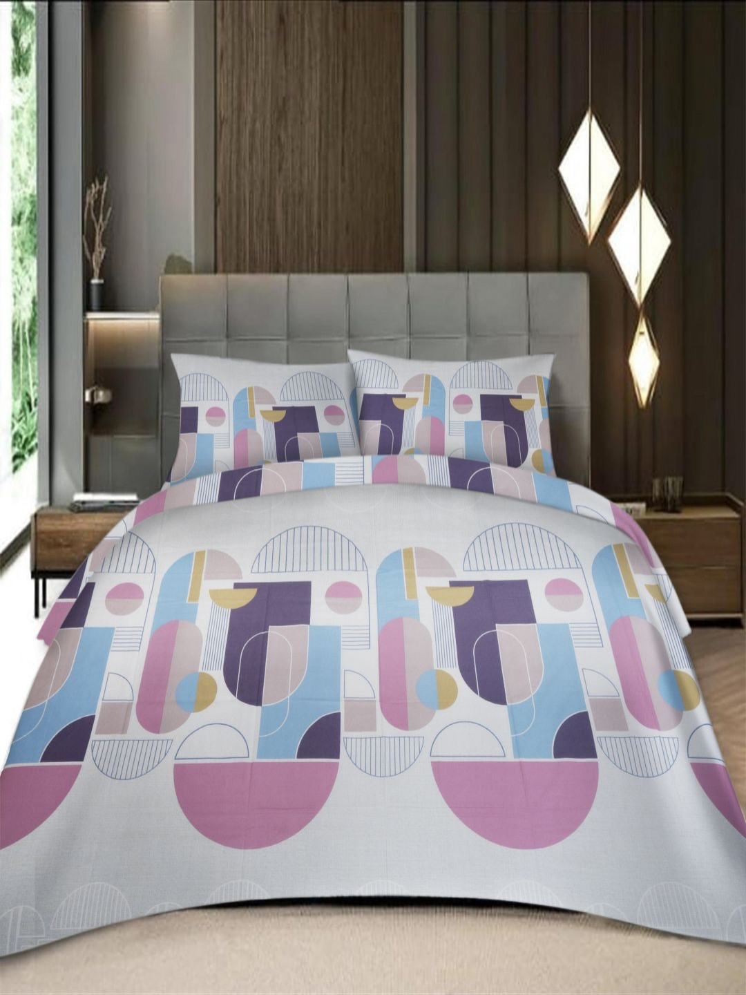 Threadwear White Abstract Pure Cotton 400 TC King Superfine Bedsheet with 2 Pillow Covers-275 x 275 cm