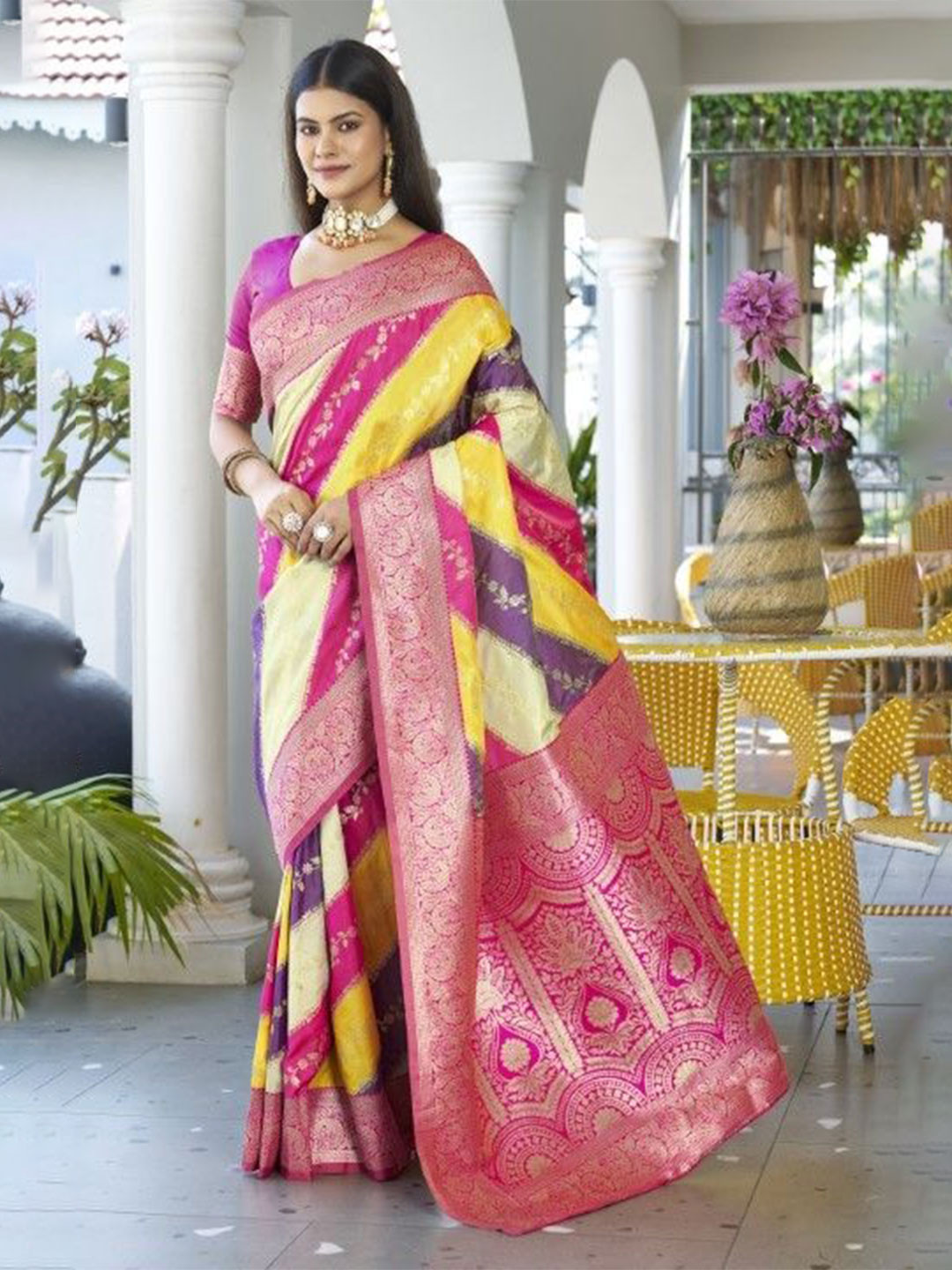 VISHNU WEAVES Leheriya Woven Design Zari Border Banarasi Silk Saree