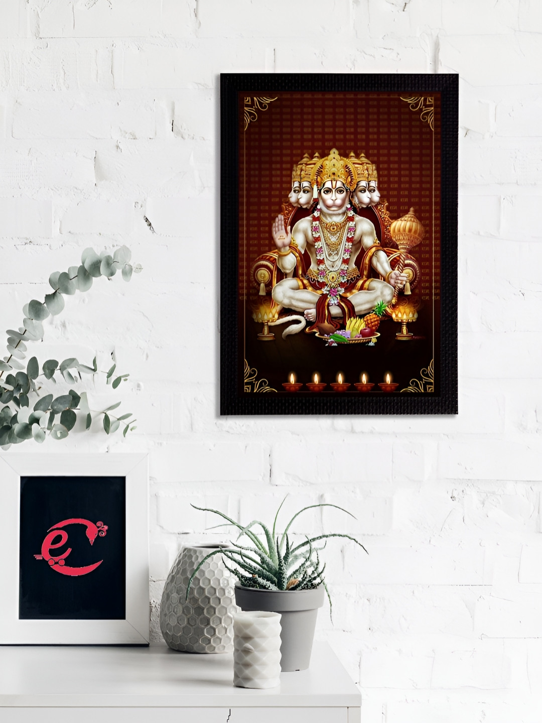 eCraftIndia Brown & Gold-Toned Panch Mukhi Lord Hanuman Wooden Religious Wall Painting