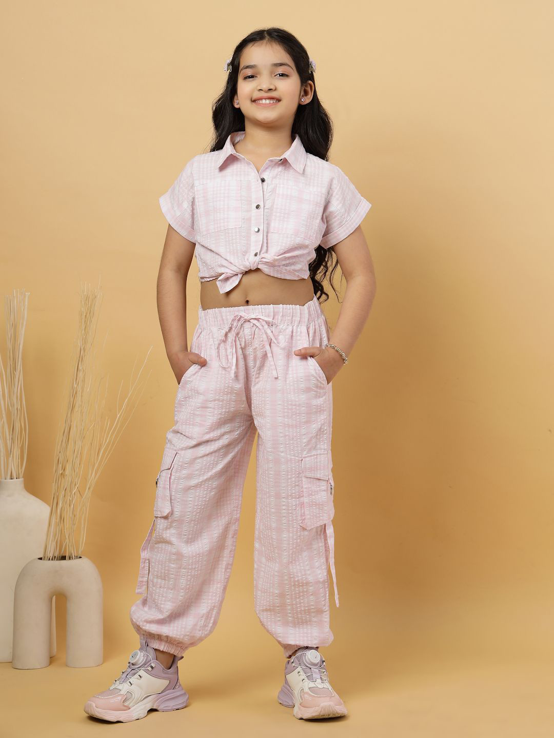 BAESD Girls Checked Short Sleeves Pure Cotton Shirt & Cargo Pant