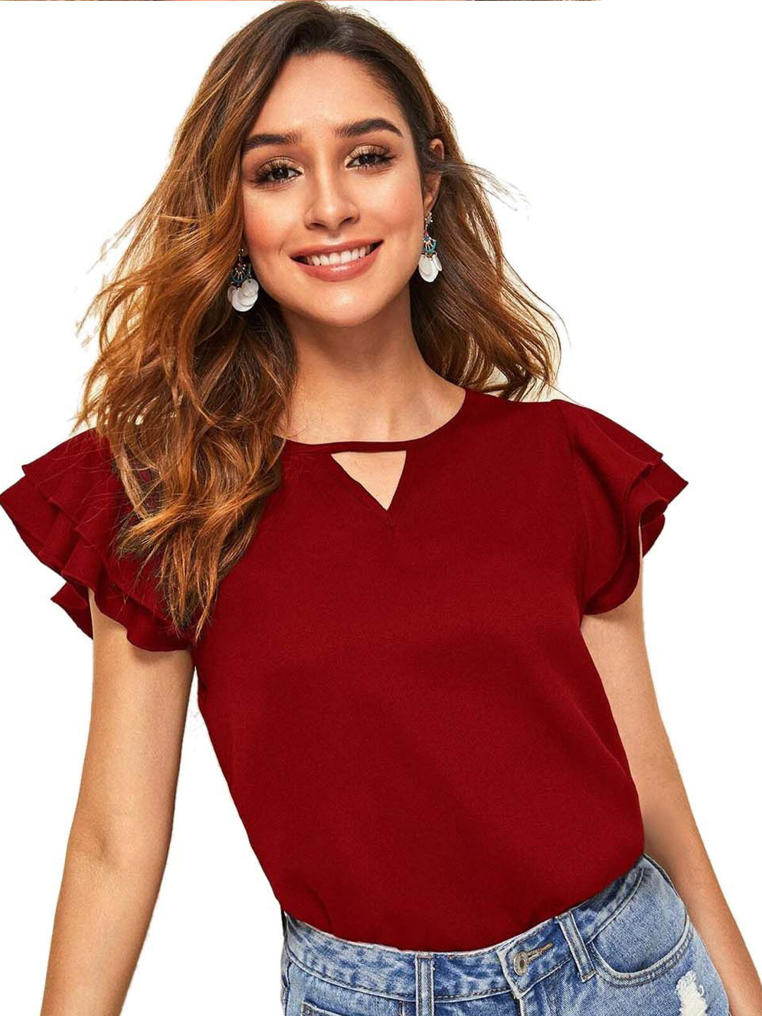 DressBerry Keyhole Neck Flutter Sleeve Crop Top
