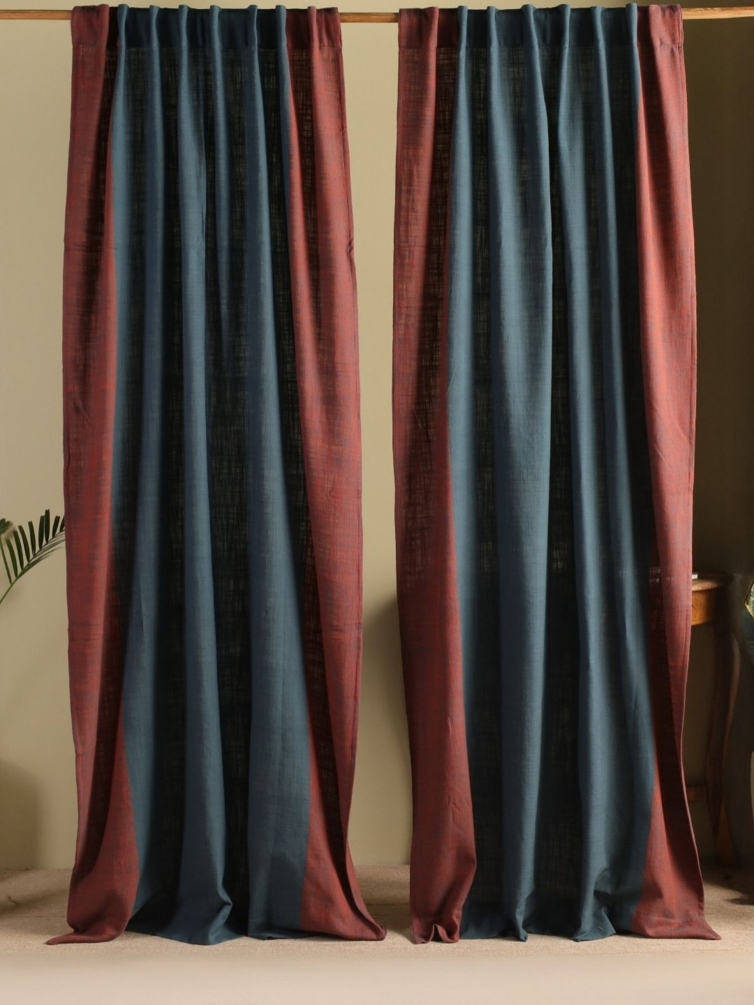 Peepul Tree 2 Pieces Navy Blue & Red Cotton Sheer Door Curtains