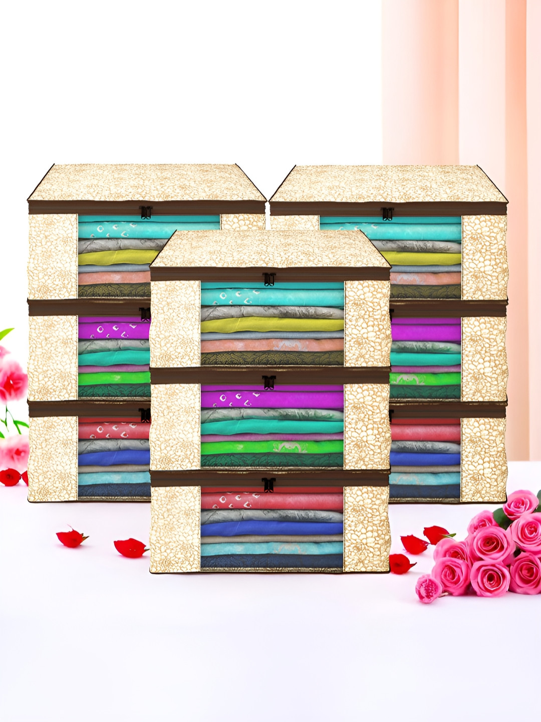 Aura Brown & White 9 Pieces Non-Woven Saree Cover 9 Inch Clothes Bag