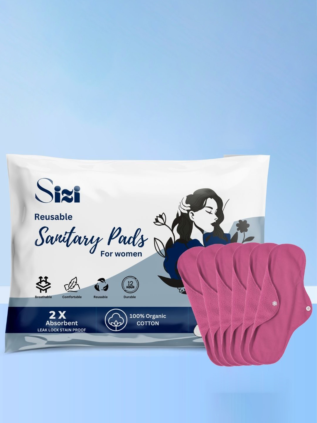 Sizi Super Absorbent Washable & Reusable Eco-Friendly Cotton Sanitary Pads - XL- 6 Pads