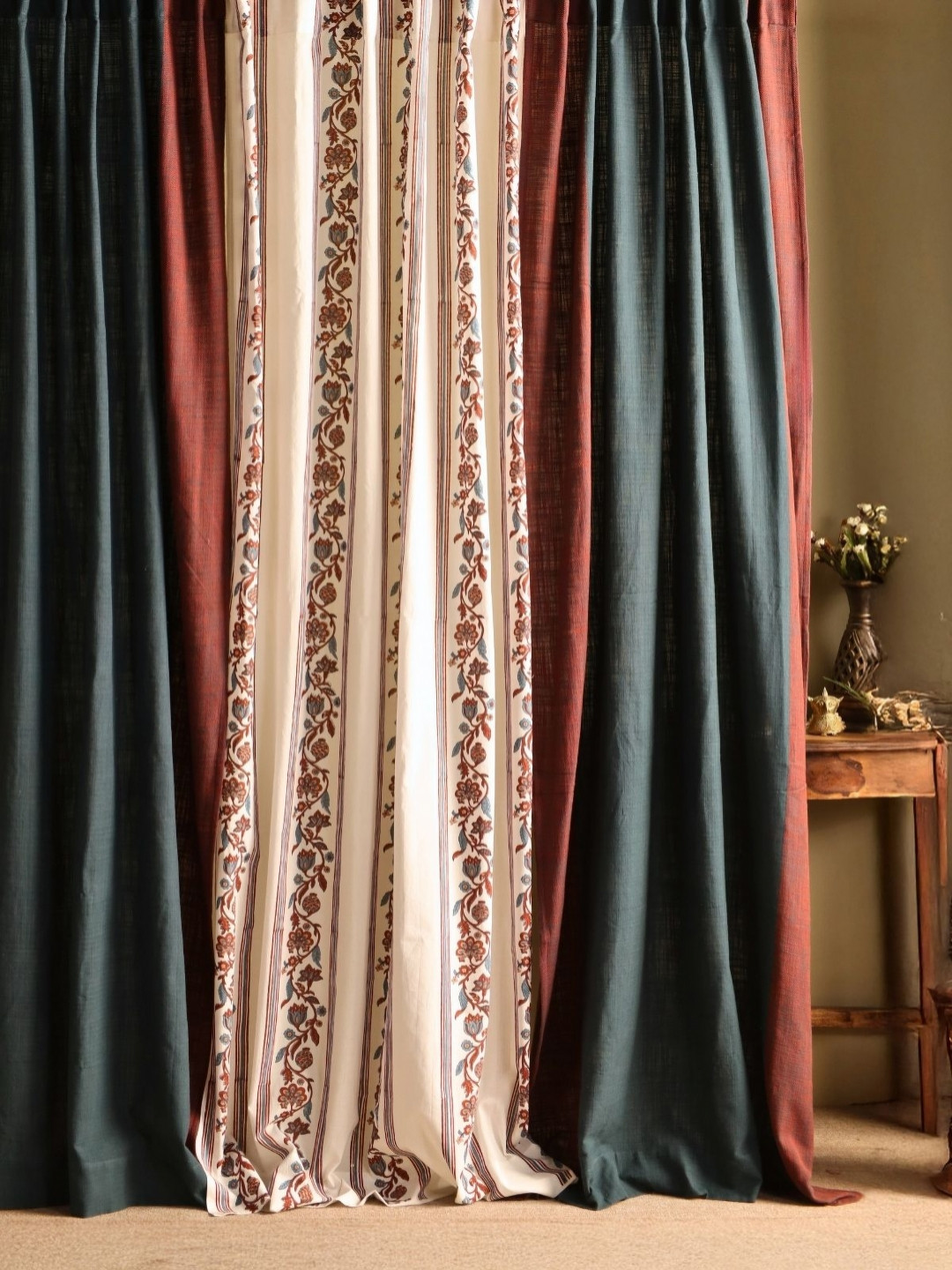 Peepul Tree Set of 3 Cream & Green Floral Sheer Cotton Door Curtain -7ft