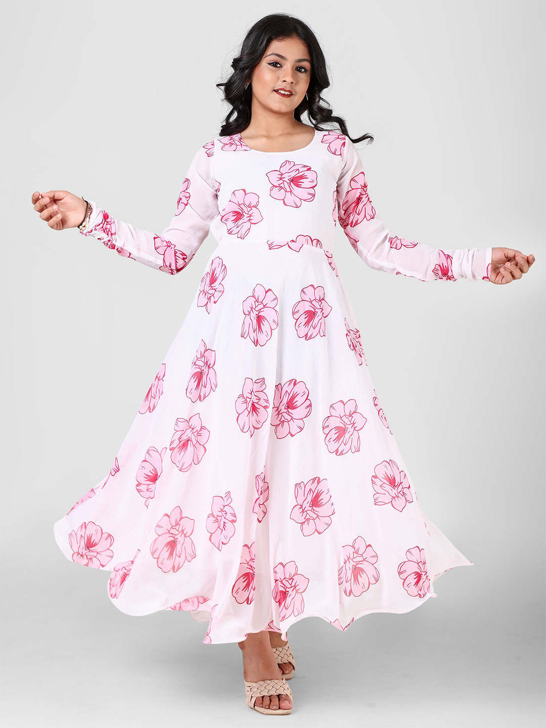 Aarya Designer Girls Floral Printed Georgette Fit & Flare Maxi Dress