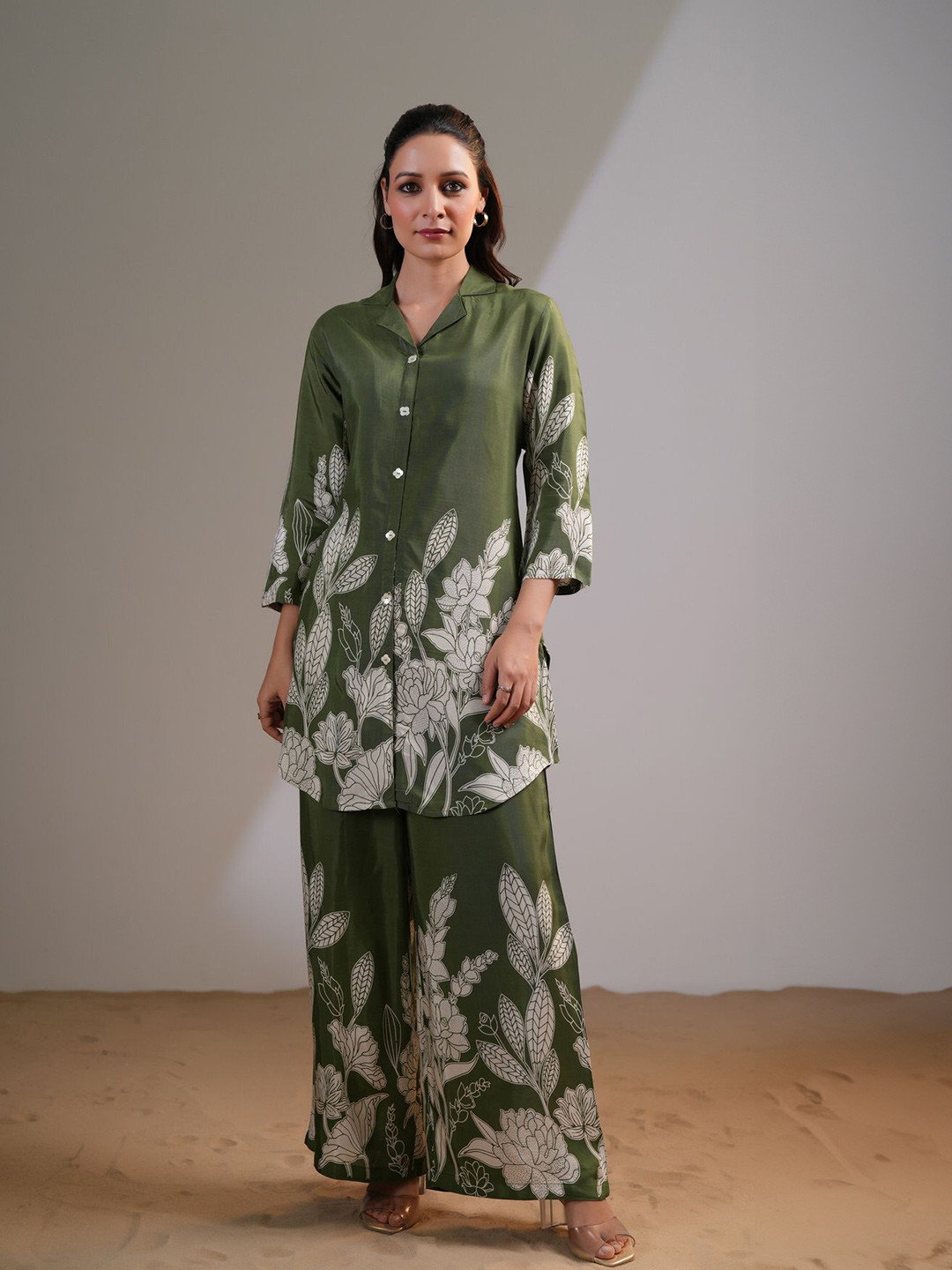 JISORA Printed Russian Silk Shirt With Palazzo Co-Ords Set