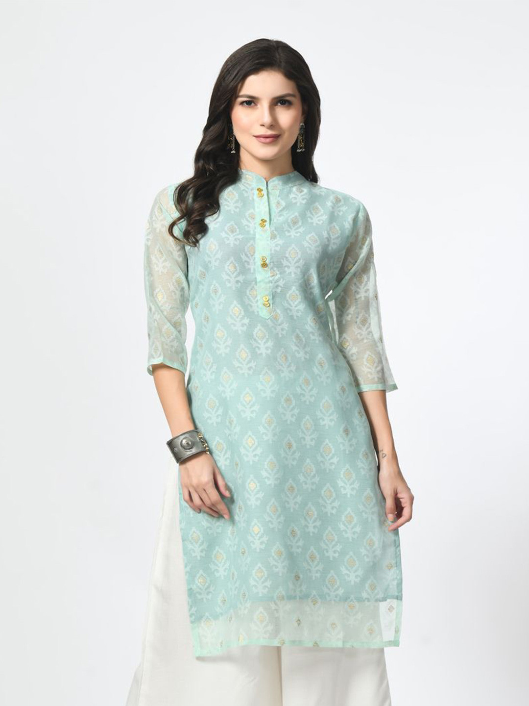 MAURYA Floral Printed Mandarin Collar Chanderi Cotton Straight Kurta