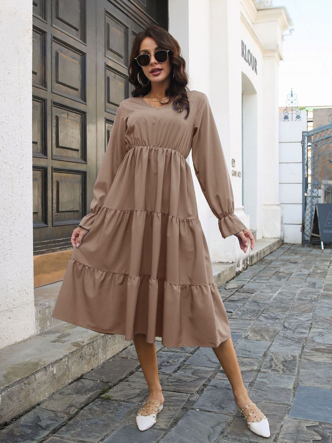 Oh Rare Women Tiered Bell Sleeves Midi Dress