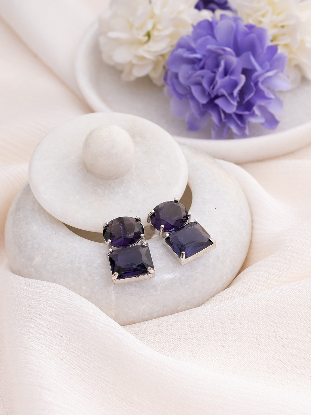 Manikya Brass American Diamond Studded Rhodium Plated Oval Studs