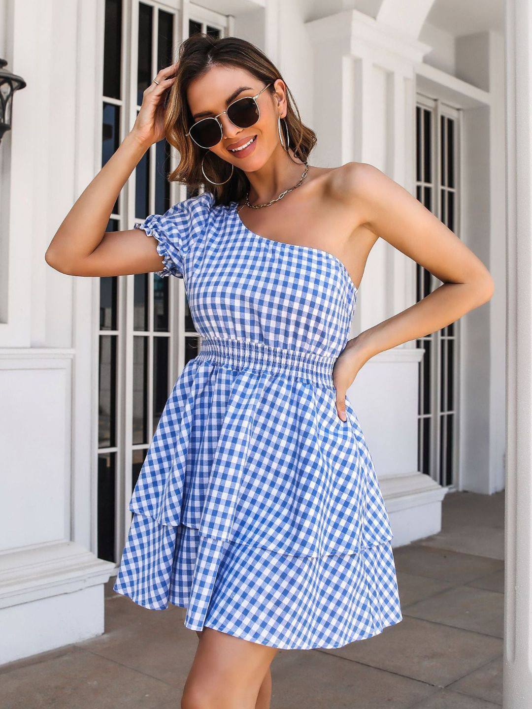 Oh Rare Women Checked Layered & Smocked Fit & Flare Dress