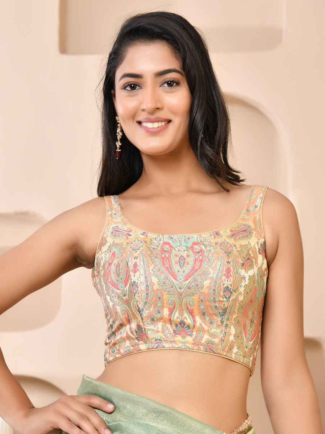 Amodini Designer Studio Brocade Woven Designed Round Neck Padded Saree Blouse