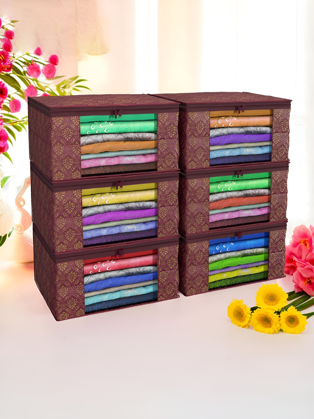Aura Maroon & Gold Toned 6 Pieces Non-Woven Saree Cover 9 Inch Clothes Bag