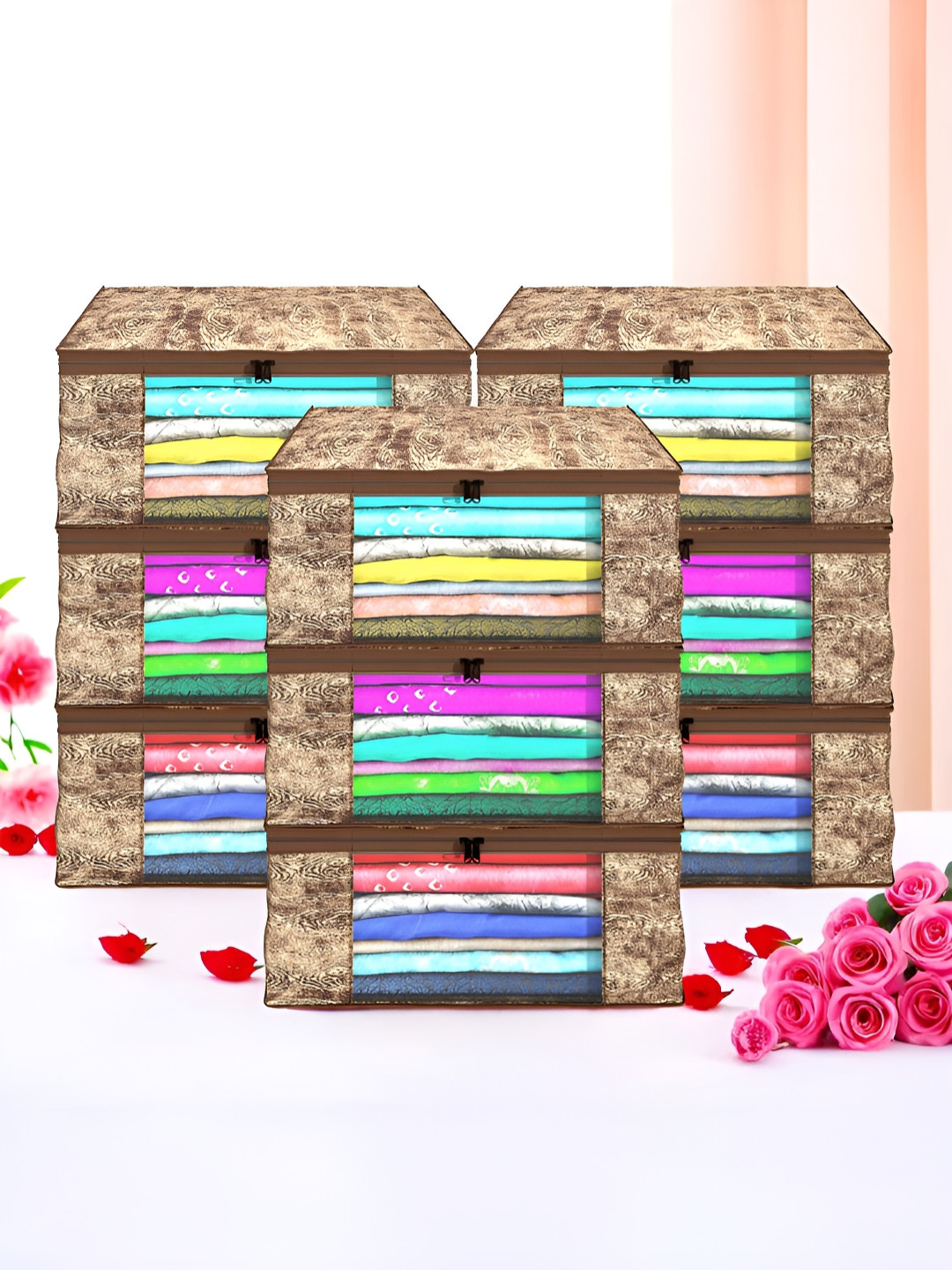 Aura Brown & Cream Colored 9 Pieces Non-Woven Saree Cover 9 Inch Clothes Bag