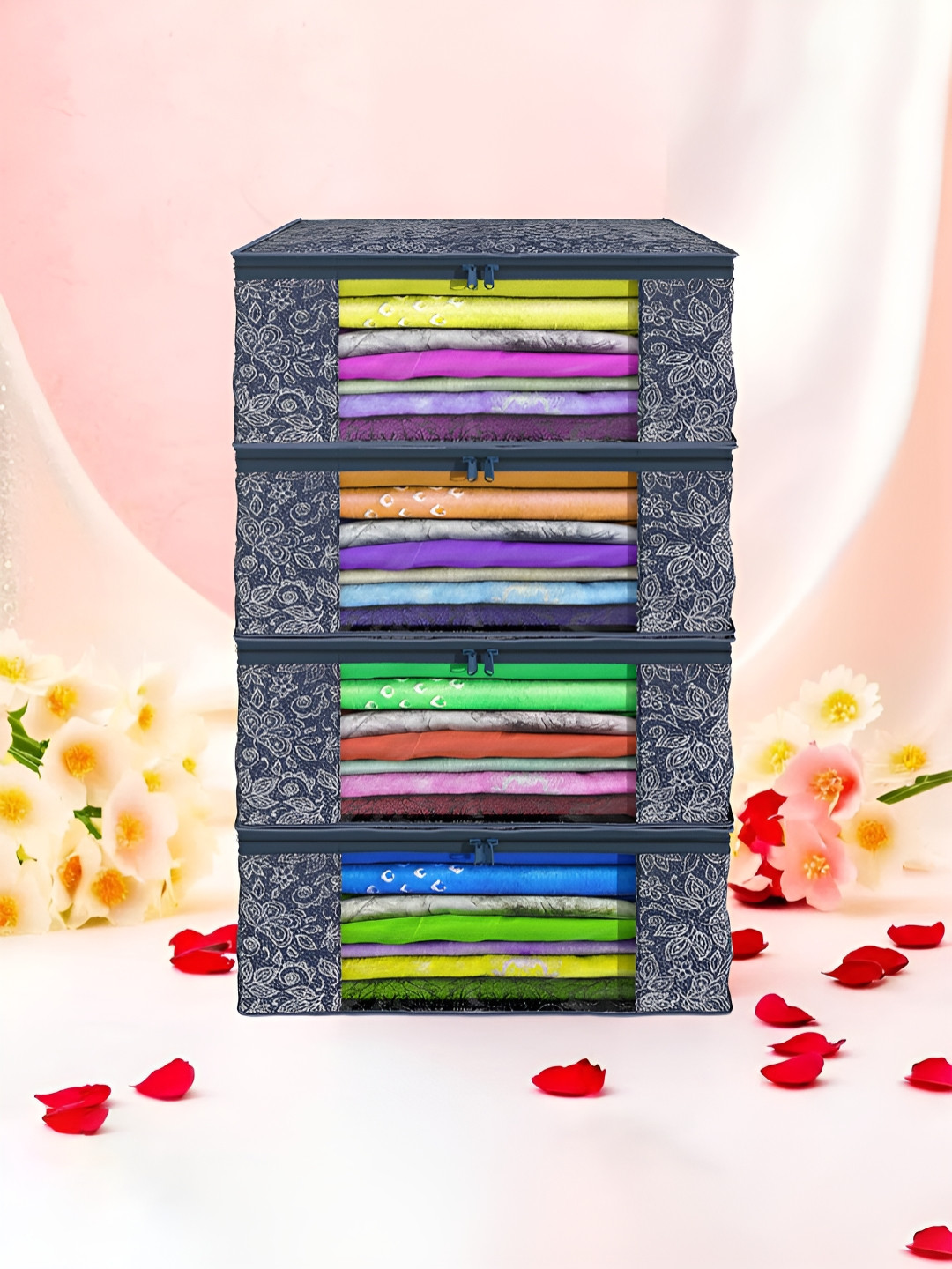 Aura Blue & White 4 Pieces Non-Woven Saree Cover 9 Inch Clothes Bag