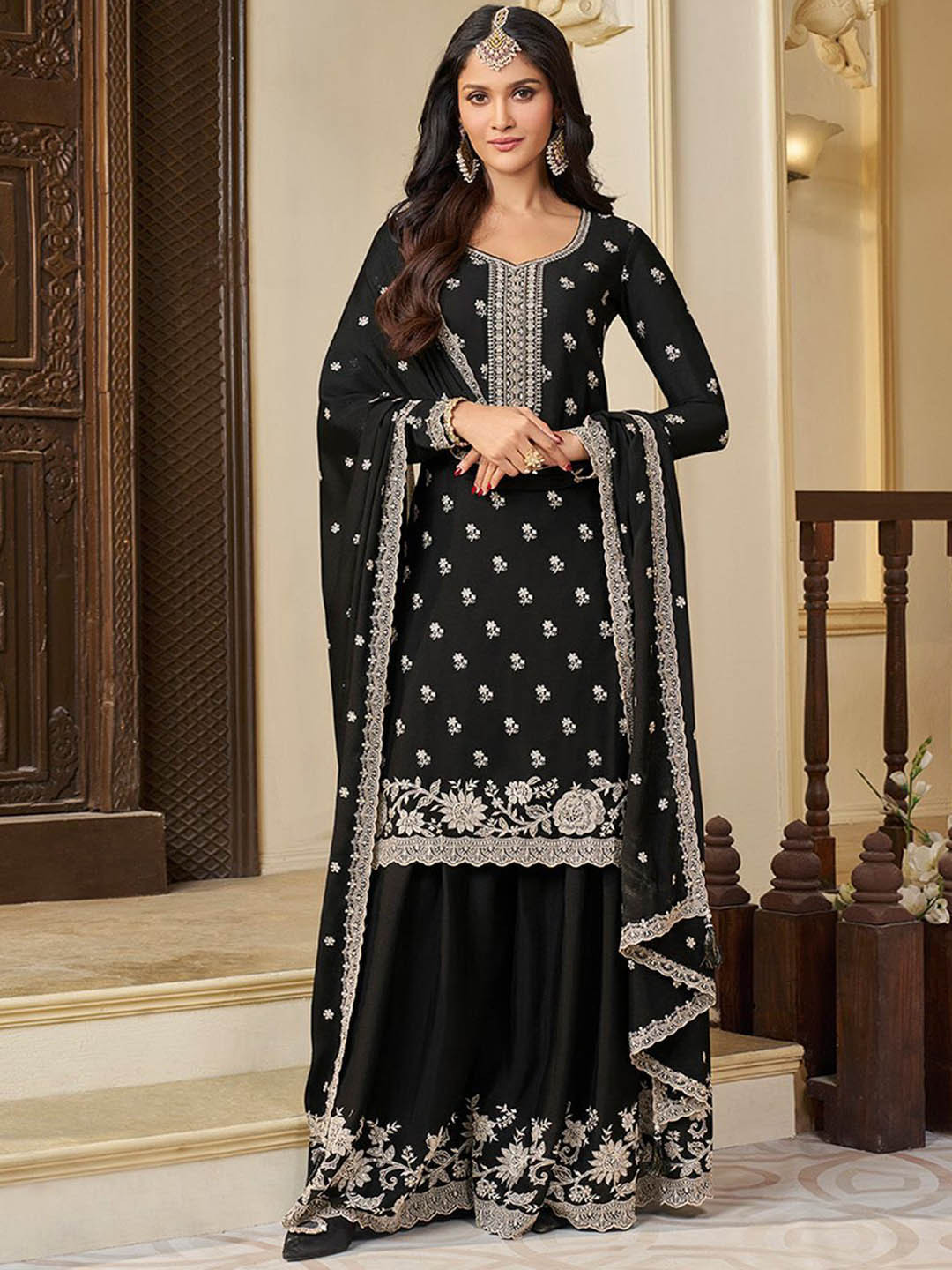 Seerat Floral Embroidered Sweetheart Neck Sequinned Straight Kurta With Palazzo & Dupatta