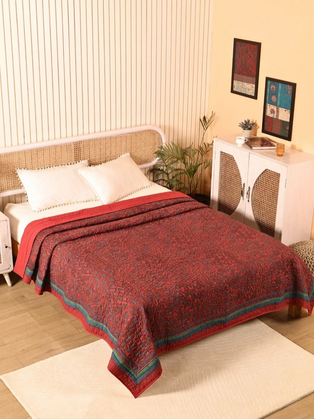 Peepul Tree Red & Blue Handblock Printed Single Bed 300 GSM Cotton Quilt