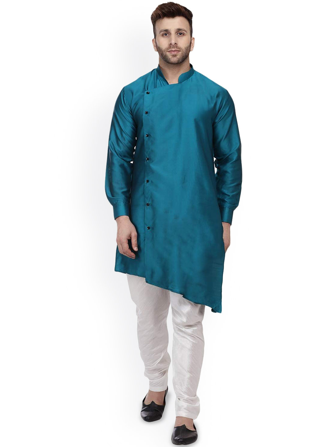 VEERA PARIDHAAN Mandarin Collar Long Roll-Up Sleeves Angrakha Tafetta Silk Straight Kurta