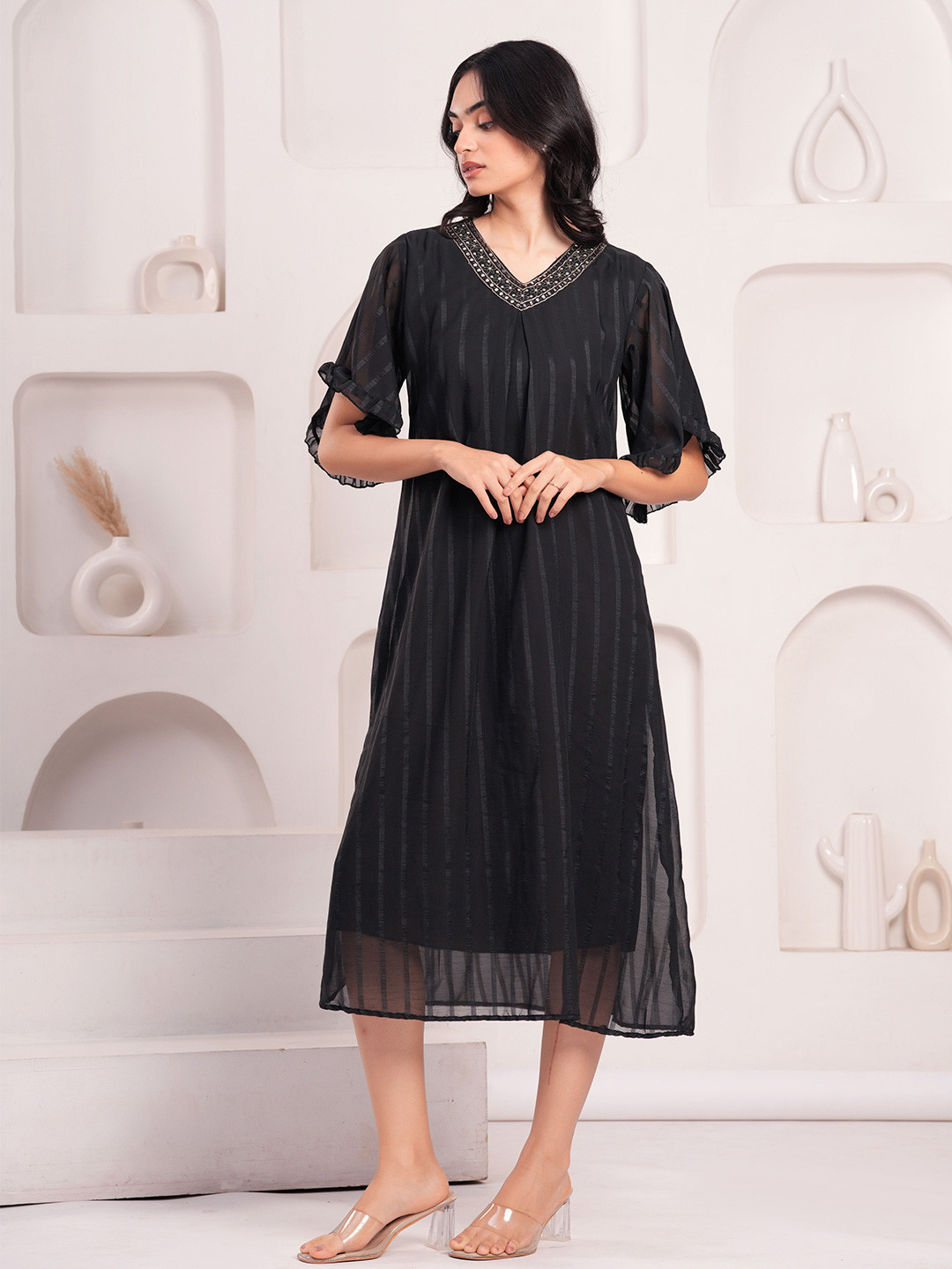 OH MI DIOS Women V-Neck Striped Embroidered Flared Sleeves A-Line Dress
